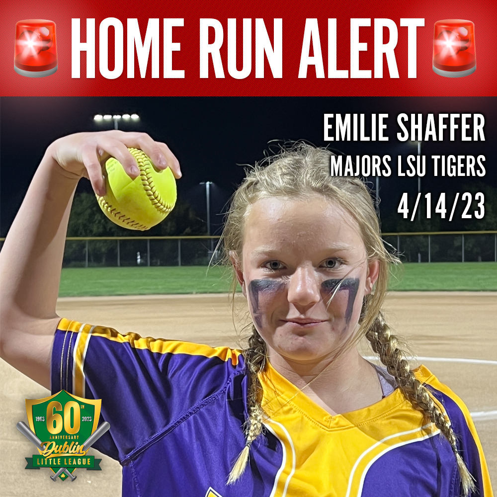 🚨HOME RUN ALERT!🚨Congratulations to Emilie Shaffer of the Majors LSU Tigers for homering against the Walnut Creek Wolves in inter-league play last night. Way to go Emilie! 👊🥎 #DublinLittleLeague #LittleLeauge #GirlsWithGame