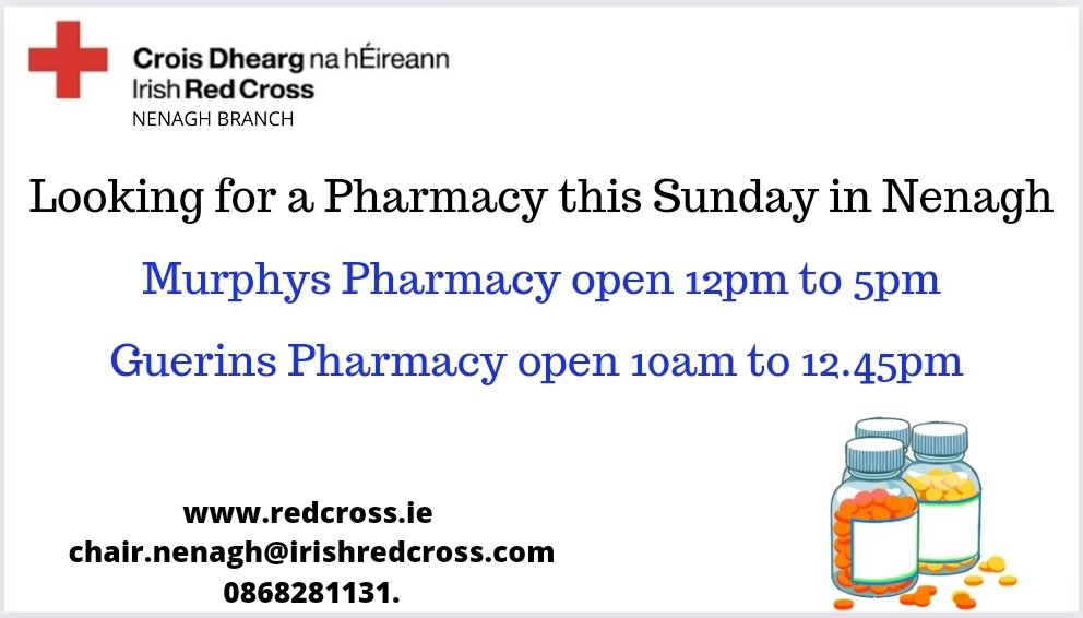 RedNenagh's tweet photo. Sunday 16th #Pharmacy open in #Nenagh for your pharmacy needs https://t.co/nuOx58ZMib