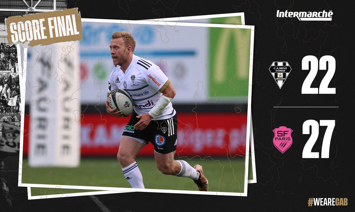 CABCLRUGBY's tweet image. 𝐅𝐈𝐍 𝐃𝐔 𝐌𝐀𝐓𝐂𝐇
Le CA Brive s'incline au Stadium avec le point de bonus défensif face au Stade Français 22 à 27.
#WEARECAB #CABSFP