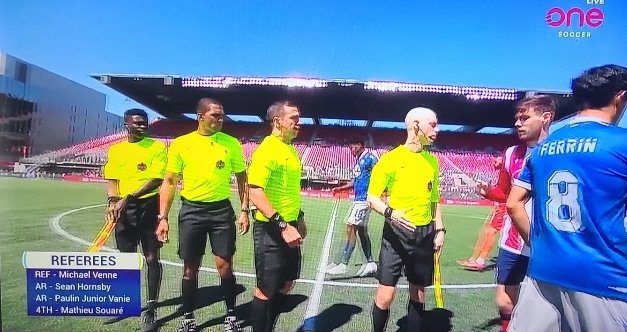 VictoriaGooner's tweet photo. The fifth season of the #CanPL kickoffs with newest National referee list referee Michael Venne and the third team wearing the Nike Referee 2022-2026 volt kit. #ATOvHFX #CPLRefStats https://t.co/1DIxIWwEKx