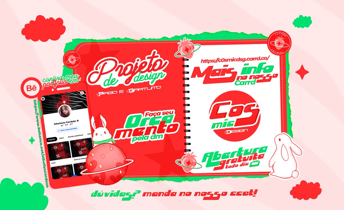 sejam bem vindos a cosmic dsg.
projeto de design pago e gratuito
para todas as culturas ♡︎ ﹢࣪

💌 meu portfólio: behance.net/sthefancardozo
🍓 nosso carrd: c0smicdsg.carrd.co
😼 ccat: curiouscat.me/C0SMICDSG
🗓️ cronograma: docs.google.com/spreadsheets/d…