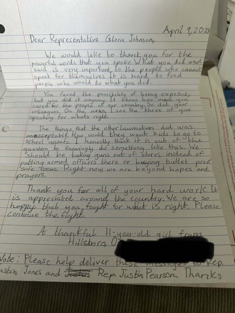 VoteGloriaJ's tweet photo. My heart is so happy, this letter from an 11 year old girl was in my mailbox, and I will do as she asked by getting these other letters to @brotherjones_  and @Justinjpearson. I think we will send her a signed poster as well! We need to listen to the children. https://t.co/6r40uiHcya