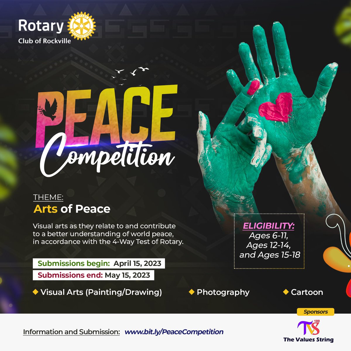 values_the's tweet photo. The Peace Committee of Rotary Club of Rockville is organizing a Peace Competition titled "Arts of Peace".

https://t.co/HxGNoJS422

#Peace #Rotary #PeaceCompetition #Arts #ArtsOfPeace #RotaryClubOfRockville #FourWayTestOfRotary https://t.co/2HBot636tM