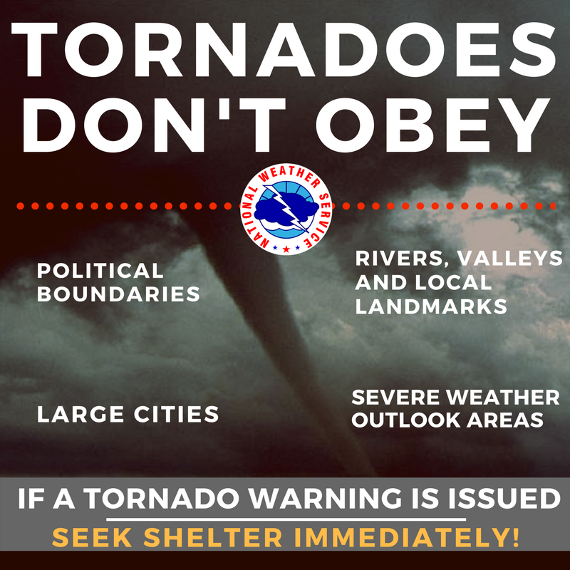Tornadoes don't obey political boundaries, rivers, valleys and local landmarks, large cities, severe weather outlook.  If warnings are issued, seek shelter. 