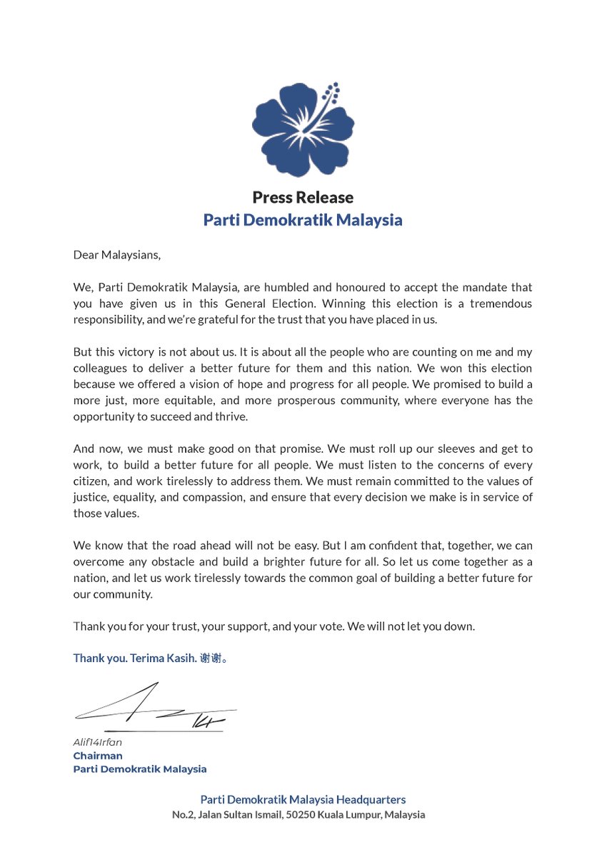 Demokrat_MYS's tweet photo. Chairman of Parti Demokratik Malaysia, Alif14Irfan, in his press release, on behalf of the party, would like to thank Malaysians for the incredible victory of Parti Demokratik Malaysia in the 18th General Election. https://t.co/U7Z8l8H35z