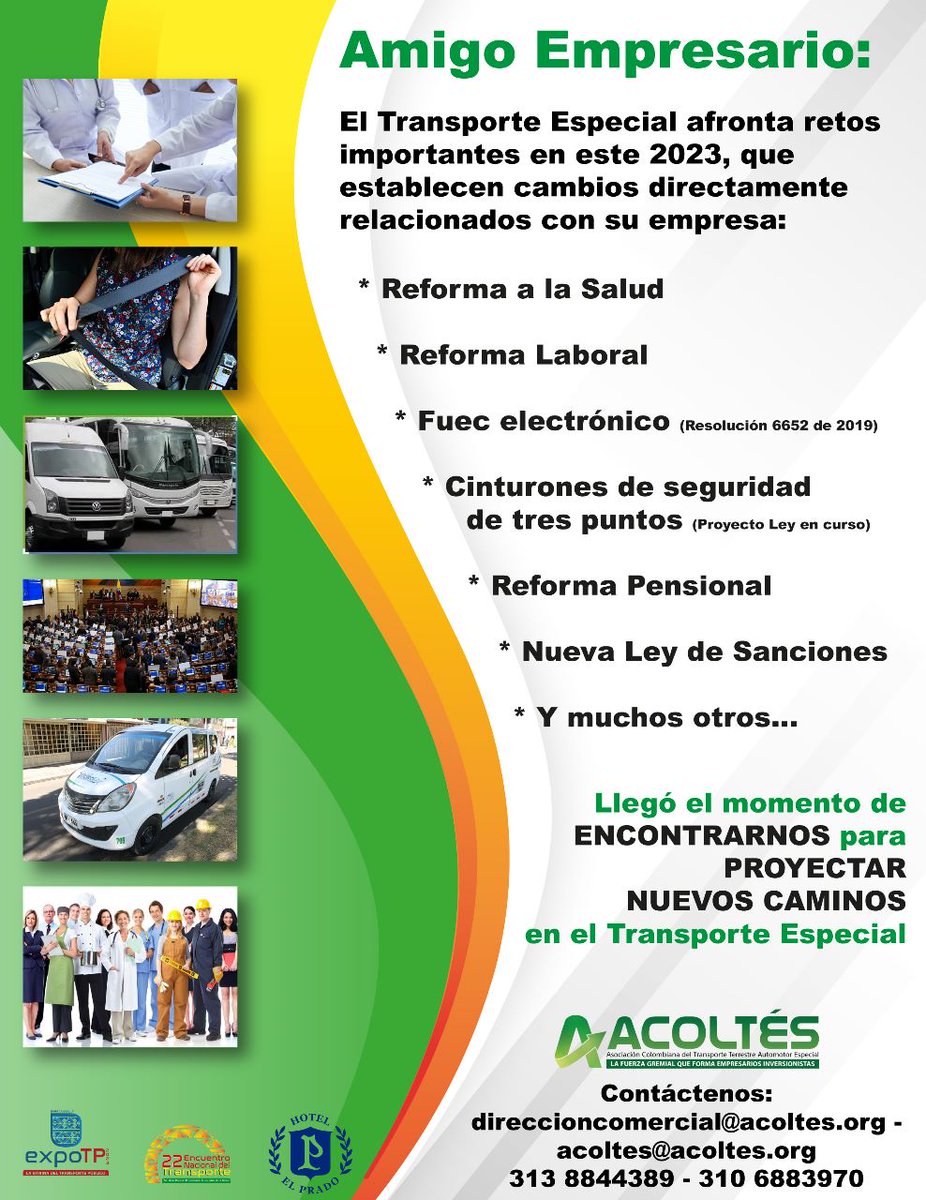 Nuestra industria afronta grandes retos en 2023 para Proyectar Nuevos Caminos en el #TransporteEspecial y llegó el momento ¡Tenemos una cita!
<a href="/expresbrasilia/">Expreso Brasilia S.A</a> @AlianzaSodis <a href="/ProBaq/">ProBarranquilla</a> <a href="/latinobus/">Latinobus</a> <a href="/marcopolocol/">Marcopolo Colombia</a> <a href="/CaracolBquilla/">Caracol Barranquilla</a> <a href="/HotelElPradoBaq/">Hotel El Prado Barranquilla</a> <a href="/elheraldoco/">EL HERALDO</a> <a href="/AliadasAlianza/">Alianza ALIADAS</a> <a href="/COOMOTORC/">Grupo Coomotor</a>