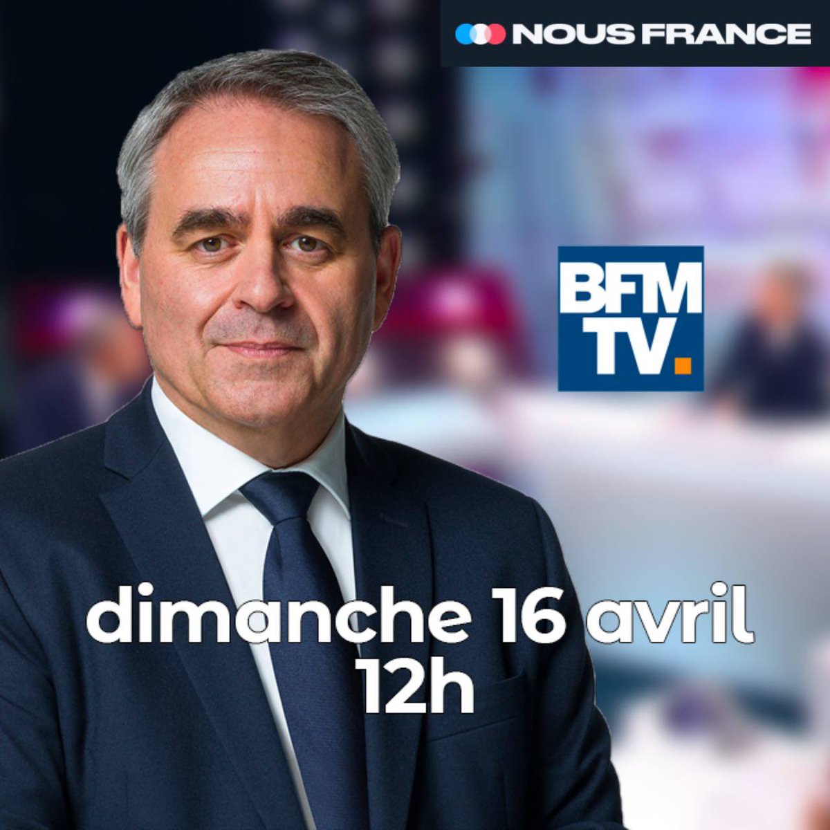 🔵⚪️🔴 Rendez-vous à 12h00, sur <a href="/BFMTV/">BFM</a>. 

🗓️ Dimanche 16 avril 
🕙 12h

🗣️ <a href="/xavierbertrand/">Xavier Bertrand</a> sera l’invité de Jean-Baptiste Boursier pour l'interview politique dans #BFMPolitique.