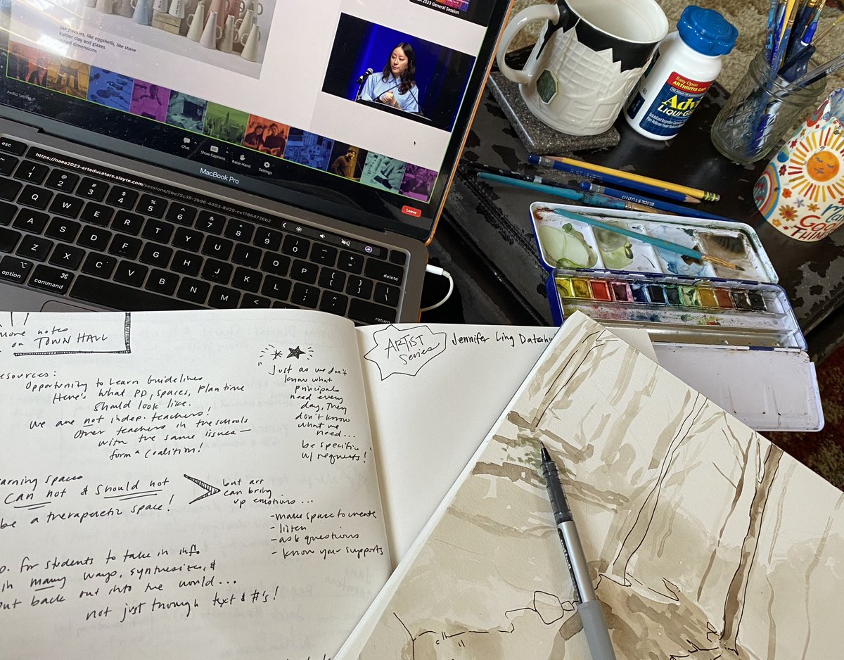 Day 3 of virtual #naea23: change of space to the couch after a clumsy misstep = stitches.  

When to take notes & when to just enjoy presentations? Artist Series is a great time to create & absorb as they share work & processes.  

#ArtMatters @NAEA #k12artchat #artteacher