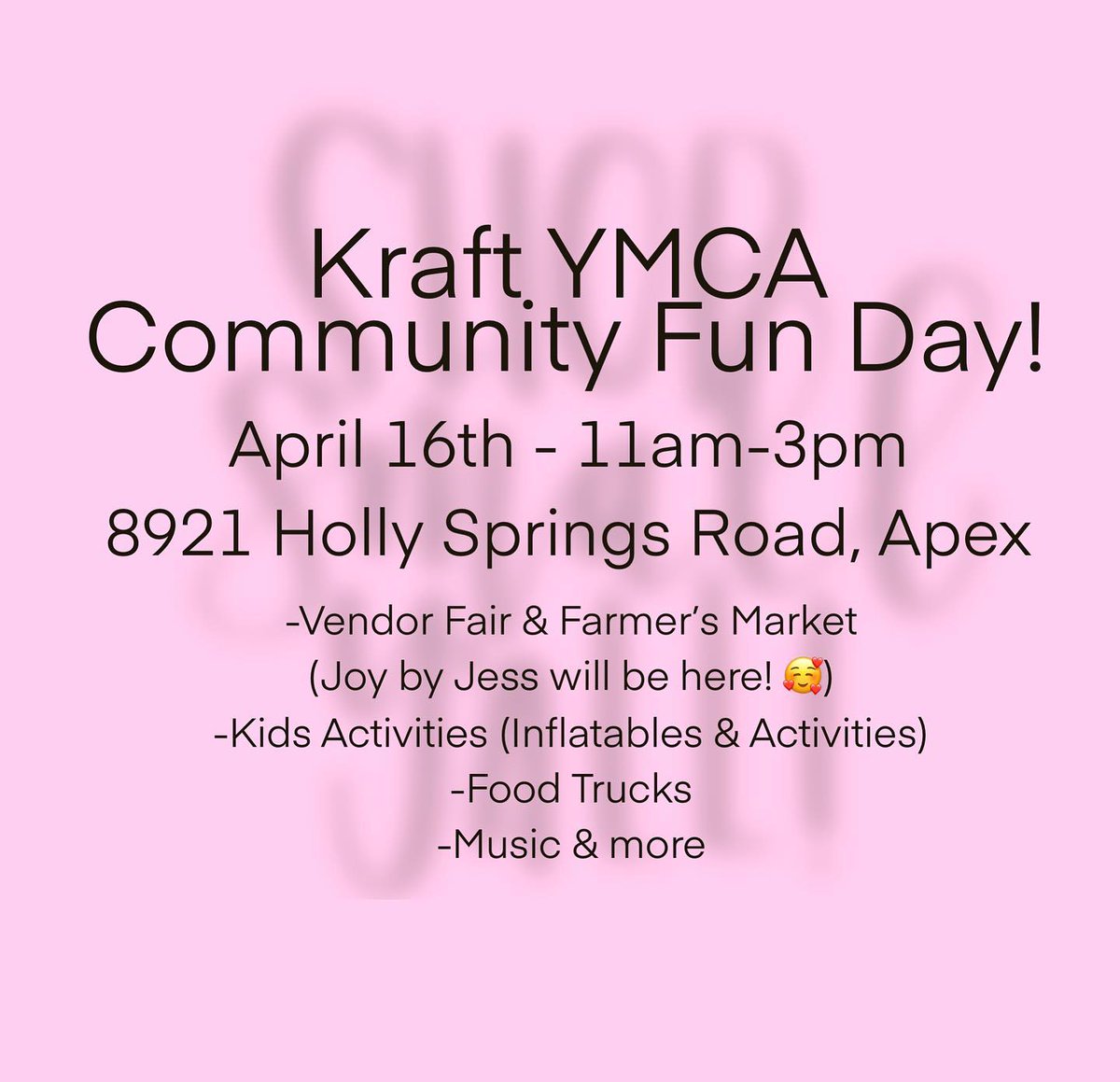 JoybyJess's tweet photo. Come out to the Kraft Family YMCA tomorrow from 11am-3pm for their Community Fun Day! There will be fun for the whole family and @joybyjess will be one of the vendors at the vendor fair!
@ymcatriangle #shoplocalraleigh #shoplocal #apexnc #hollyspringsnc #carync #raleighnc https://t.co/YRTr7K010e
