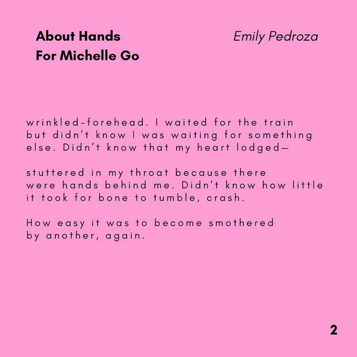 tenderheartcltv's tweet photo. A wonderful community feature for you all from @emilypedroza_ 💗
Swipe to read “About Hands,” an original piece by Emily Pedroza.
#tenderheartcollective #communityfeatures #poets #poet #poetry #instapoets #poetrycommunity #poetsofinstagram https://t.co/YlbLZytGH7