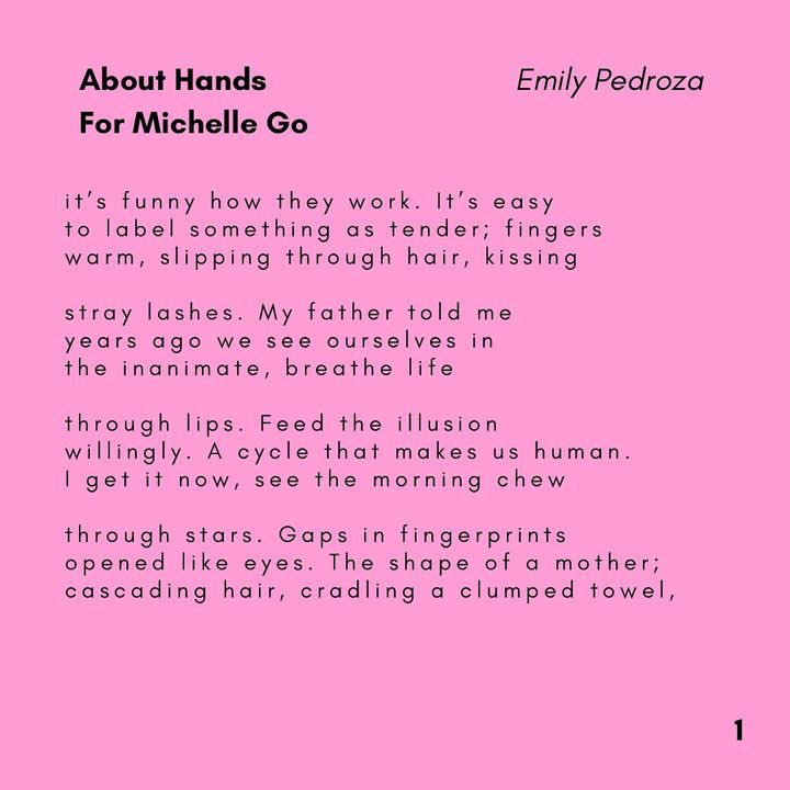 tenderheartcltv's tweet photo. A wonderful community feature for you all from @emilypedroza_ 💗
Swipe to read “About Hands,” an original piece by Emily Pedroza.
#tenderheartcollective #communityfeatures #poets #poet #poetry #instapoets #poetrycommunity #poetsofinstagram https://t.co/YlbLZytGH7