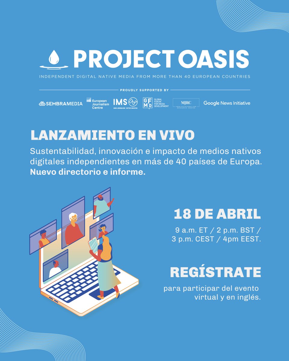 FundacionGabo's tweet image. 🙋🏻‍♀️🙋🏽‍♂️¡No te pierdas el lanzamiento de #ProjectOasis de @sembramedia! Una investigación que dio como resultado un nuevo directorio de medios nativos digitales independientes en Europa.💻🌍

Regístrate aquí👉🏾bit.ly/3zWqPwx