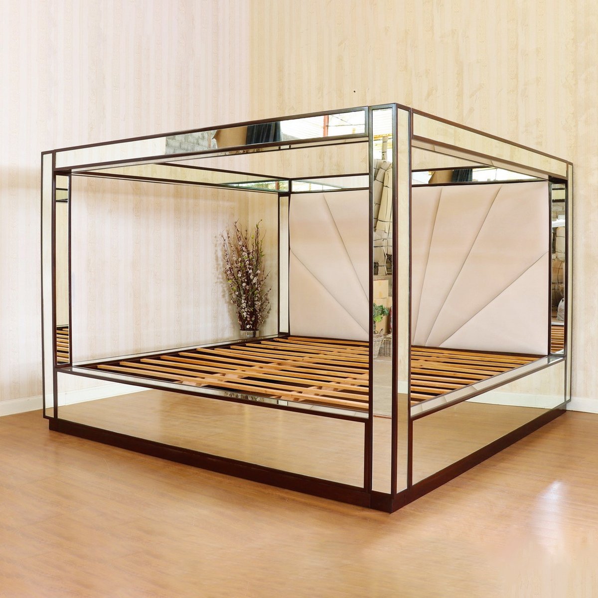 MahoganyMills's tweet photo. Luxurious mirrored canopy bed with fully upholstered headboard inspired by super model Kate Moss. Made to order and fully customizable in any size, fabric or design. 

Many variations to choose from: https://t.co/f75idLFMr6

#CanopyBed #CustomBed #Mahoganymillworks #Furniture https://t.co/CkNGhWs4H4