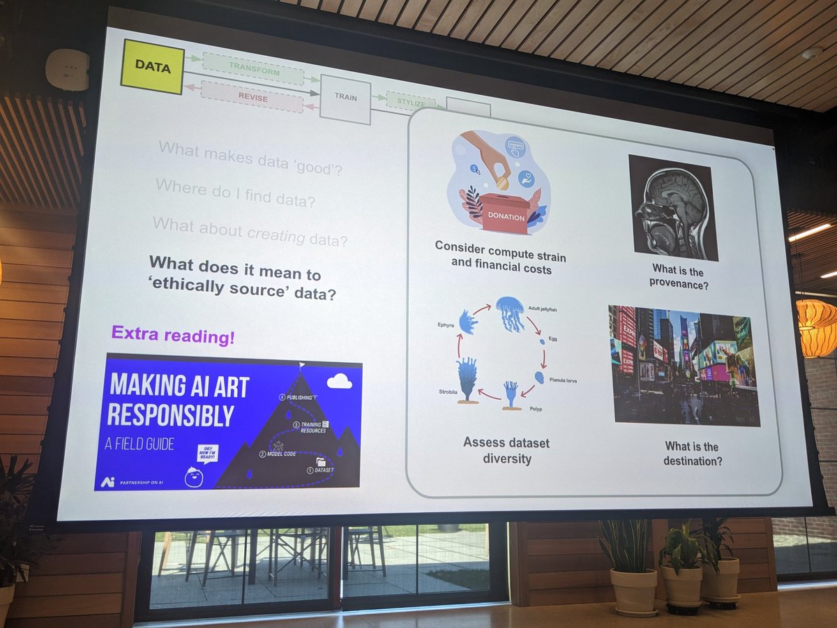 Artist Jane Adams on making AI Art with custom data and ethically sourcing data suggests reading Making AI Art Responsibly a field guide by Partnership on AI. Consider: financial costs and computer strain, provenance, dataset diversity and destination. #cocreatedVT #AI #ethics
