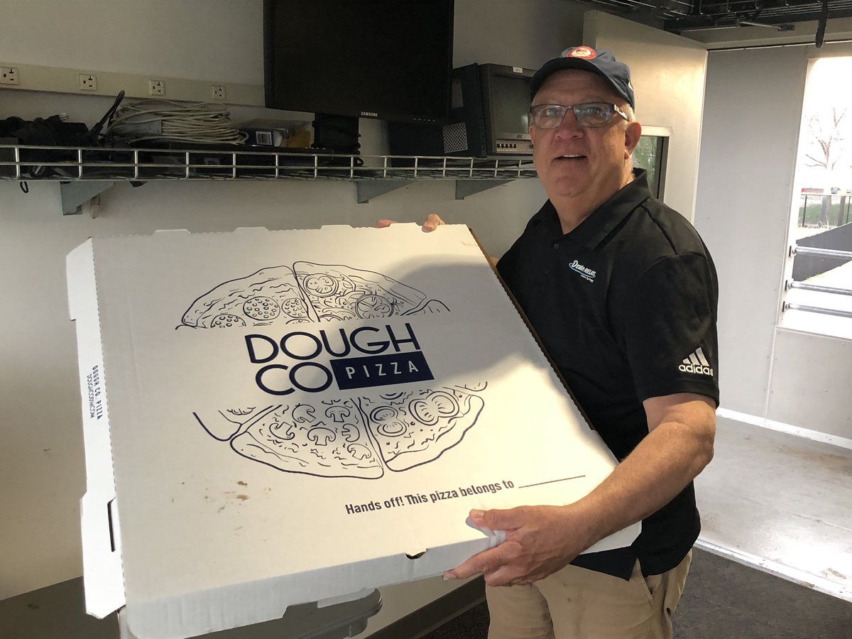 mahonsports's tweet photo. Although @DrakeRelays is less than 2 weeks away we had r first #DrakeStadium record set when @MikeJaytrackxc -voice of the Relays- consumed the largest pizza ever seen at Drake Stadium. https://t.co/fl98aArldM