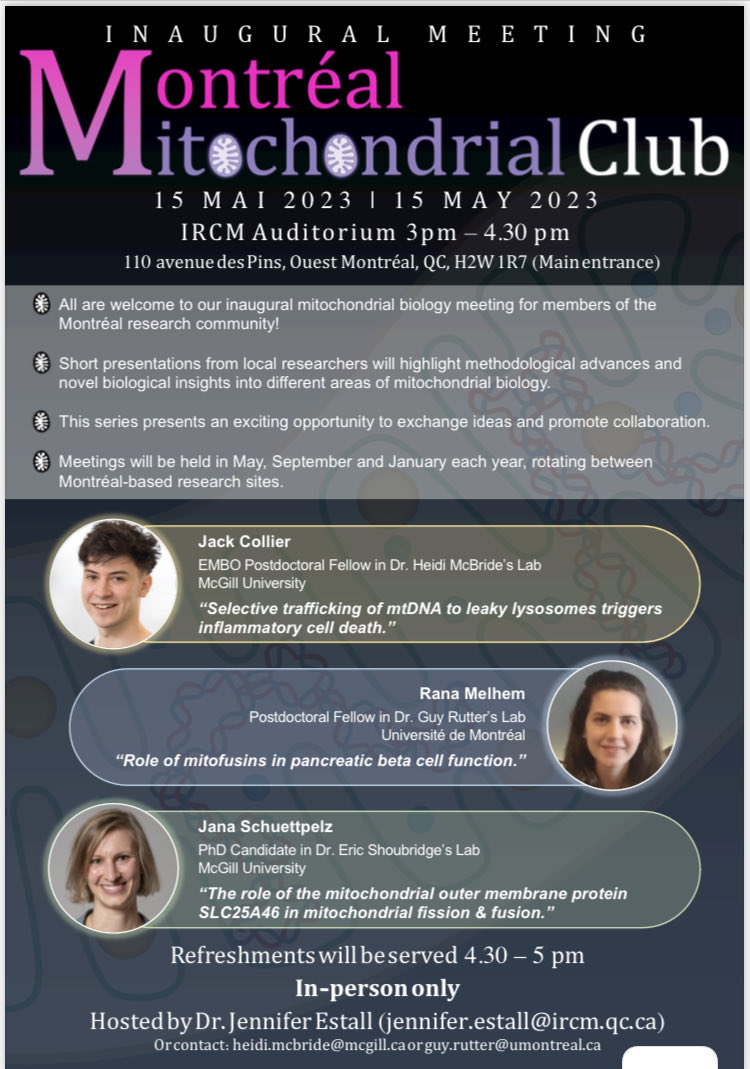 Guy Rutter1 (@guy_rutter) on Twitter photo For those in Montréal, here’s the first of our new in-person seminar series on mitochondrial biology hosted by <a href="/dnachicken/">Dr. Jennifer Estall</a> at <a href="/ircm_mtl/">IRCM</a> . Future meetings at <a href="/CRCHUM/">Centre de recherche du CHUM</a> <a href="/mcgillu/">McGill University</a>. … <a href="/mitodynamics/">Heidi McBride, Ph.D</a> #jackcollier For those in Montréal, here’s the first of our new in-person seminar series on mitochondrial biology hosted by <a href="/dnachicken/">Dr. Jennifer Estall</a> at <a href="/ircm_mtl/">IRCM</a> . Future meetings at <a href="/CRCHUM/">Centre de recherche du CHUM</a> <a href="/mcgillu/">McGill University</a>. … <a href="/mitodynamics/">Heidi McBride, Ph.D</a> #jackcollier