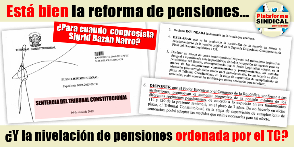 InfoSindicatos's tweet photo. Está bien un proyecto de ley de reforma de pensiones... Pero, ¿y la nivelación de pensiones ordenada por el @TC_Peru el 16.04.2019 en el Expediente 009-2015 PI/TC (Ver: https://t.co/ptQdJPBuqJ) para cuando congresista @sigridbazan?¿Por qué no gestiona ante la @pcmperu? @oadperu https://t.co/xsd73ZVfVh