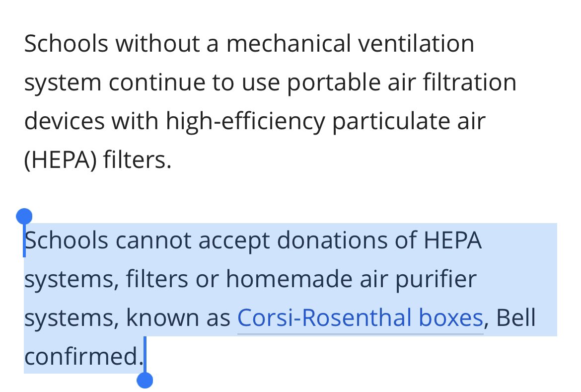 I hope parents in NB realize that schools with mechanical ventilation also need to be monitored(co2). If MERV13 filters cannot be used, air cleaning units(such as HEPA) should be added. 

Too bad #corsirosenthalboxes are being refused. It would be a cheap&easy solution.

#nbpoli