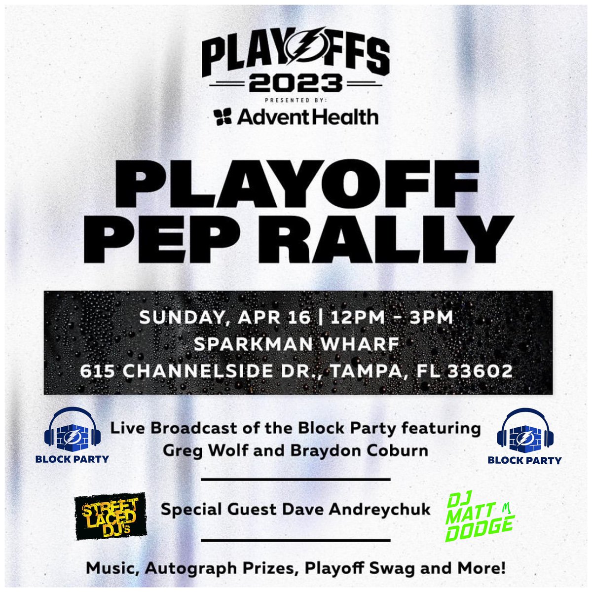 #BoltsNation! Tomorrow, the OFFICIAL <a href="/TBLightning/">Tampa Bay Lightning</a> Playoffs Pep Rally at @sparkmanwharf! I’ll be hosting the party w/<a href="/TBLRollingTHNDR/">Rolling Thunder</a>, <a href="/ThunderBugTBL/">ThunderBug</a>, a LIVE episode of the #BoltsBlockParty w/<a href="/BraydonCoburn55/">Braydon Coburn</a> &amp; I w/<a href="/Andy2525/">Dave Andreychuk</a>! Lawn Signs, Giveaways &amp; More! #GoBolts <a href="/StreetLacedDJs/">Street Laced DJs</a>