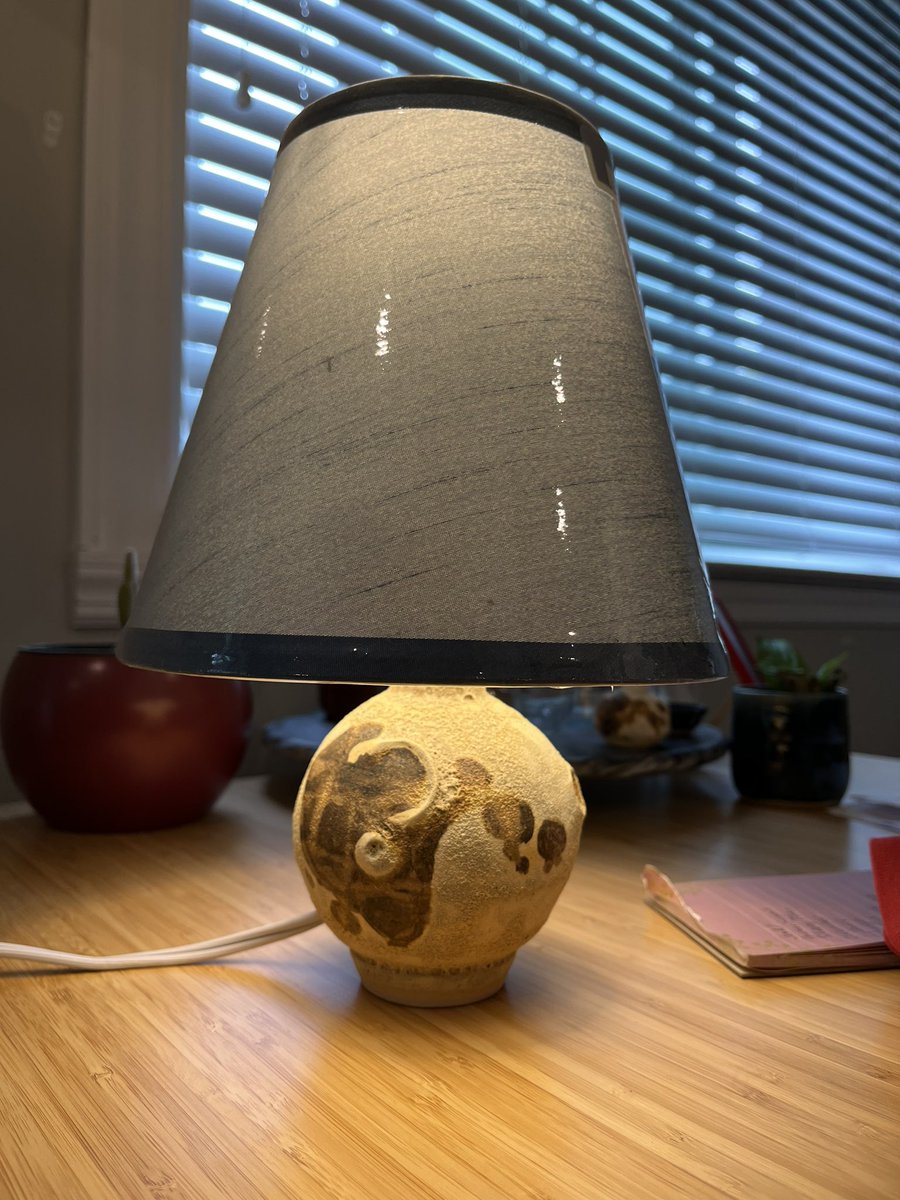 Dukesite's tweet photo. I made a tiny (to scale ~ ish) moon lamp! I’m going to get a different shade for it, but so far, it’s awesome. https://t.co/EHs1INuIjK