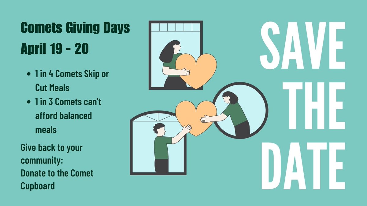 Comets  Givings Day is coming up! The Comet Cupboard serves food insecure  students on campus using donations. Will you support the Comet Cupboard  and hungry Comets?  
#HungerFreeUTD #ComeTogetherUTD 
Donate at givingday.utdallas.edu