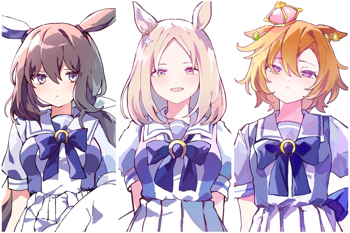 admire vega (umamusume) multiple girls 3girls animal ears horse ears crown brown hair white skirt  illustration images