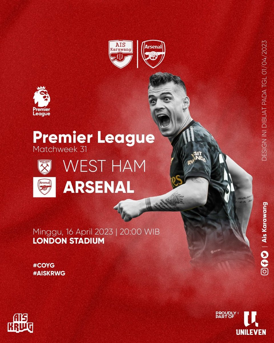 IT'S MATCHDAY!

Premier League #MATCHWEEK31
⚽️ West Ham VS ARSENAL
🗓 Minggu, 16 April 2023
🕧 20:00 WIB

Klik link di bio untuk tanya semua event @ais_krwg

COYG!🔥
#aiskrwg #arsenal #indonesia #supporter #karawang