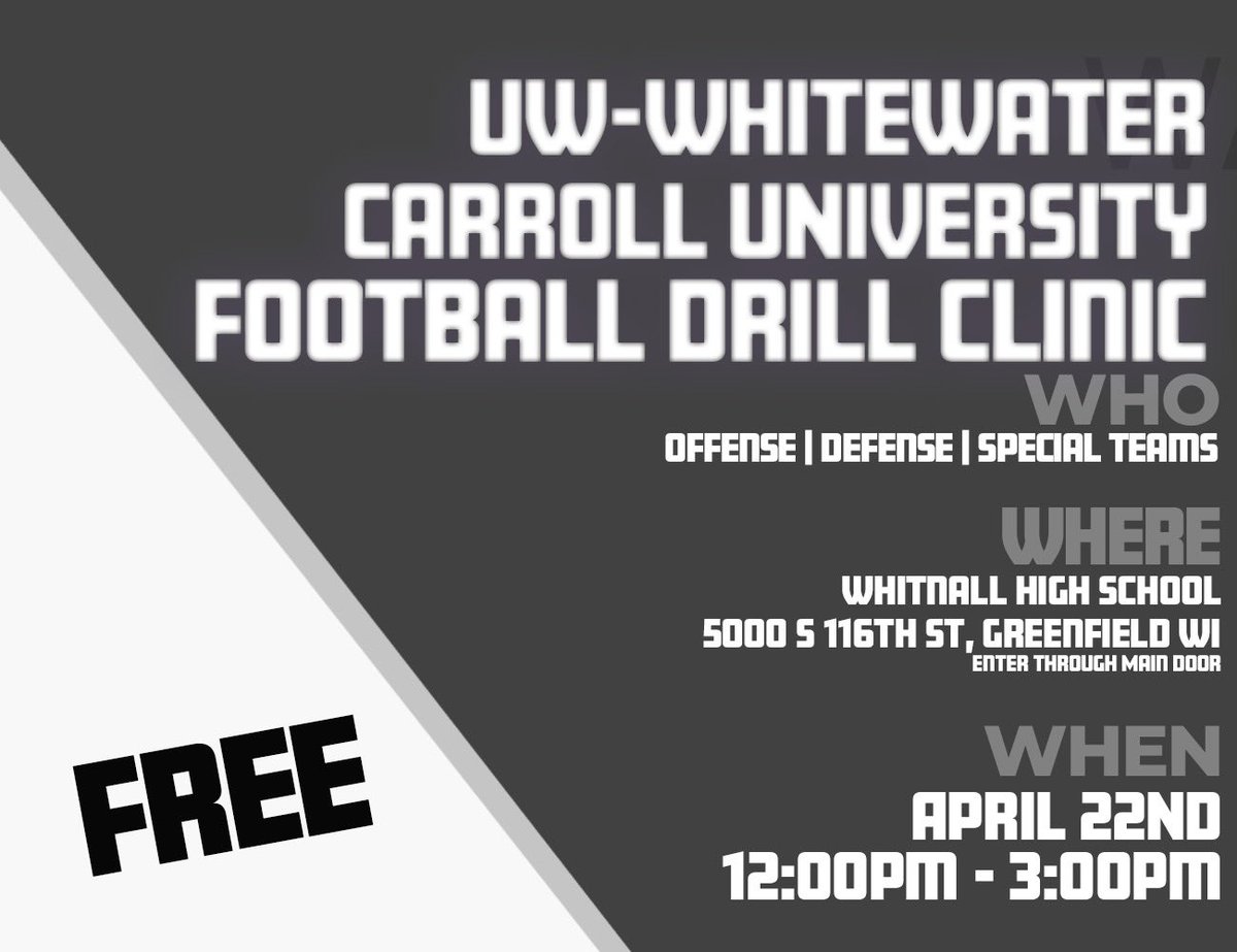 Thanks to <a href="/SunPrairieFB/">Sun Prairie East Football</a> for hosting us today! 

If you missed today, join us next Saturday from 12-3pm at Whitnall HS next Saturday for other free clinic!  

 Address 👇🏼👇🏼👇🏼