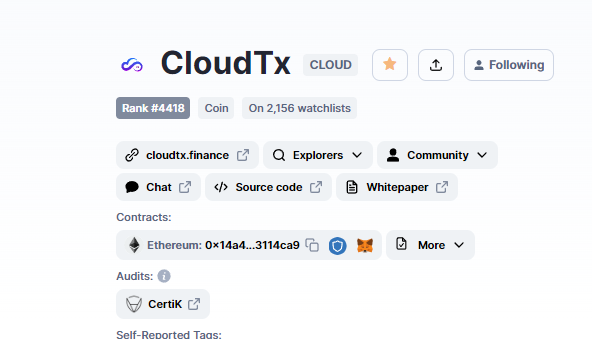 <a href="/CertiK/">CertiK</a> audit badge on <a href="/CoinMarketCap/">CoinMarketCap</a>. You are safe here guys🔥🔥🔥🔥

#CryptoInvestor #BNB #BNBChain #CryptoNews #CLOUDTX