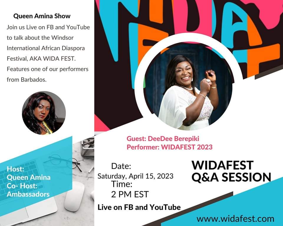 Widafest's tweet image. It's almost time!

Catch us LIVE today with DeeDee Berepiki from 2pm EST/7pm WAT/8pm CAT.

Learn more about WIDAFest &amp;amp; get all your questions answered by our team!
#WIDAFest2023 #LiveonFacebook #LiveonYouTube #AfricanFestival #AfricanCanadians #WindsorEvents #WindsorOntarioCanada