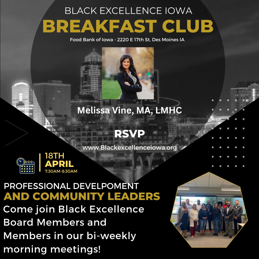 IowaBE's tweet photo. Another Week , Another Breakfast Club☕️!

Tuesday April 18th, we will have Melissa Vine, MA, LMHC in to join us for Breakfast Club! We are looking forward to spending time with you soon and are very appreciative of your time!

You wouldn’t want to miss this, see everyone Tuesday! https://t.co/chVrdwKpuM