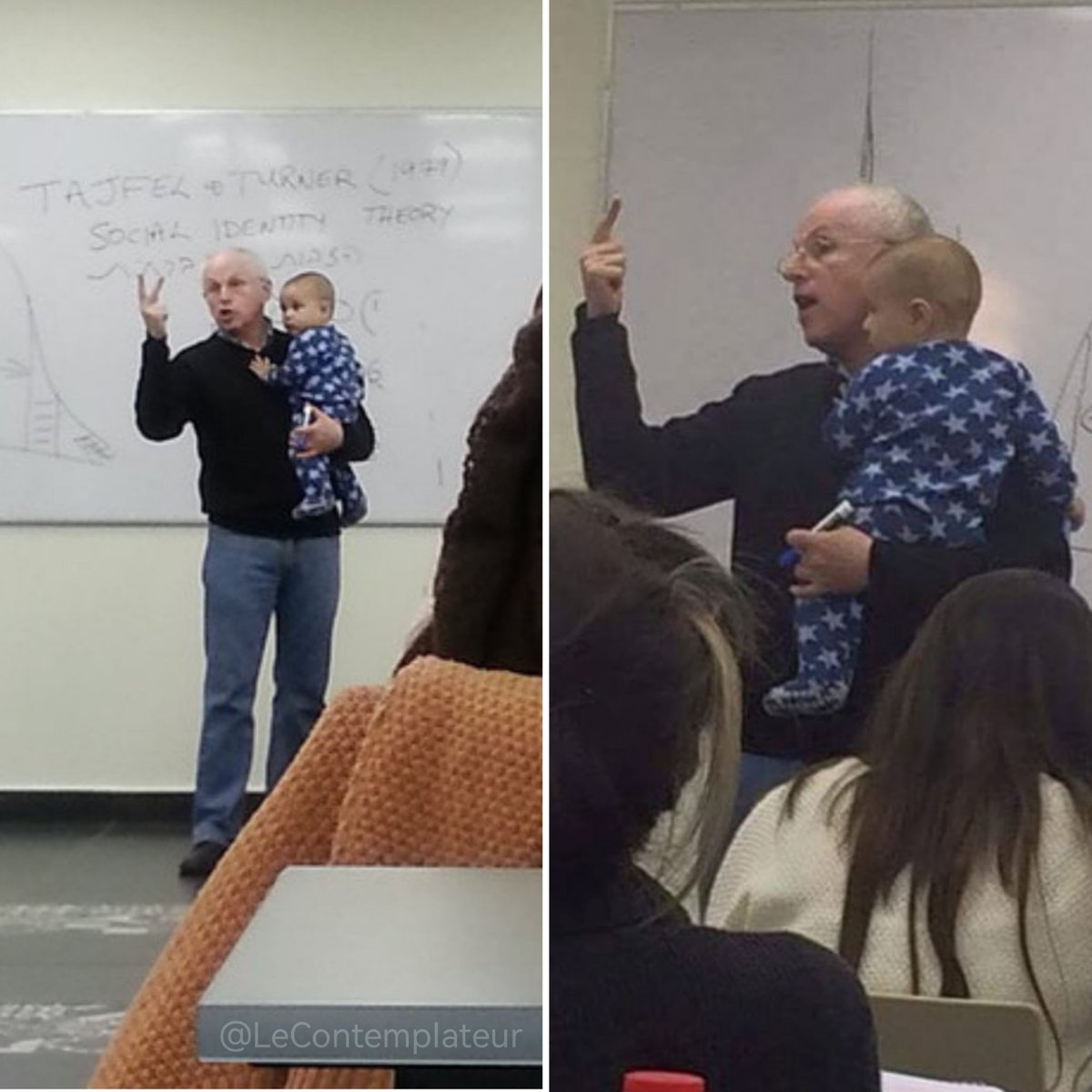Pendant la conférence du professeur Sydney Engelberg, celui-ci voyant qu'une étudiante quittait la pièce parce que le tout-petit qu'elle avait avec elle commençait à pleurer...

Il s'est alors mis devant elle et à proposé de prendre le bambin dans ses bras sans interrompre son