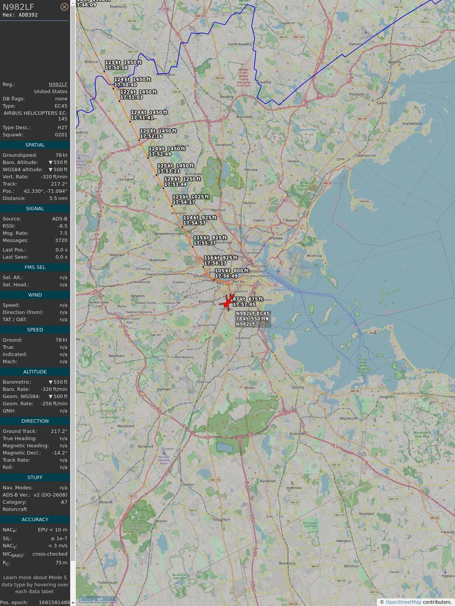 PlaneBoston's tweet image. ICAO: #ADB392
Flt: #N982LF #AIRMETHODS
First seen: 2023/04/15 13:53:48
Min Alt: 900 ft MSL
Min Dist: 0.5 nm

#planefence #adsb - planefence.com
globe.adsbexchange.com/?icao=adb392