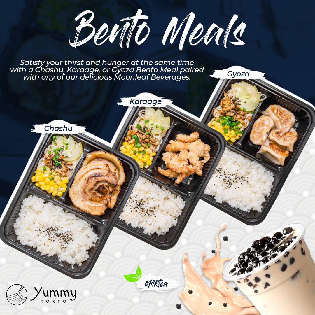 YummyTokyoPH's tweet photo. Satisfy your cravings with a Chashu, Karaage, or Gyoza Bento Meal paired with our classic Moonleaf Pearl Milk Tea!

#YummyTokyo #exploremanila #pinoyfoodie #eatPilipinas #welovetoeatph
#thefoodadvenchers #wheninmanila #RecommendEat #thefoodiestation https://t.co/dKl5QNXiAP