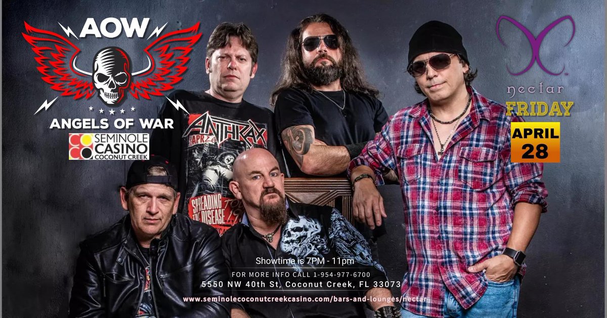 angelsofwarband's tweet photo. Angels Of War return to Seminole Casino Coconut Creek to rock Nectar Lounge Friday, April 28th 7PM

@esgfla @forteentertainment
#esgfla #teamforte #seminolecasinococonutcreek #livemusic #hardrockband #casino #cocktails #SouthFloridaMusic https://t.co/DJsjpCy383
