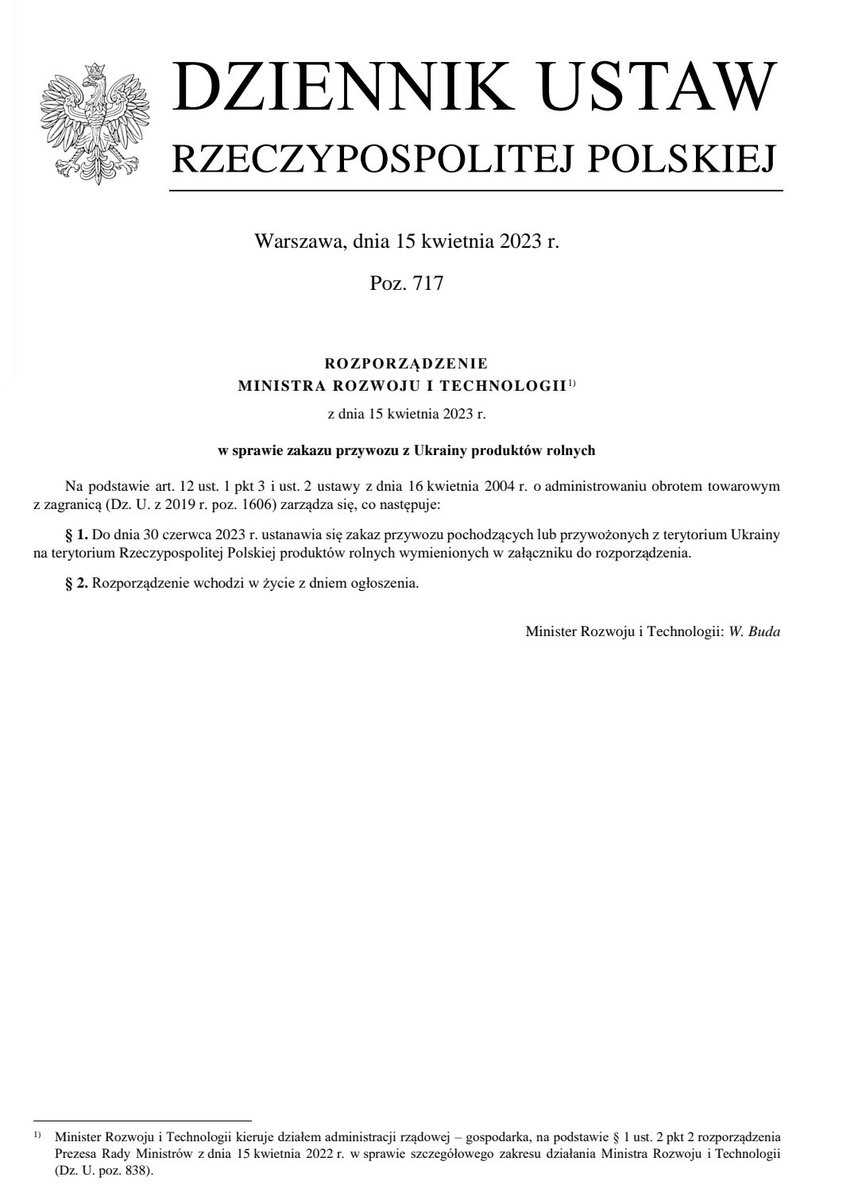 waldemar_buda's tweet photo. Rozporządzenie o zakazie przywozu z Ukrainy produktów rolnych właśnie zostało opublikowane w Dzienniku Ustaw co oznacza, że zakaz zaczął obowiązywać! https://t.co/AqPawlZJkj