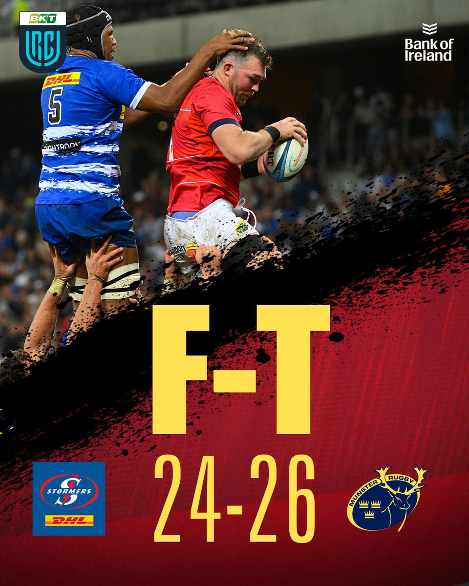FULL-TIME: Stormers 24-26 Munster

What an effort from the lads!

A bonus-point win for Munster away to #URC champions Stormers in Cape Town, their 1st home defeat since 2021.

#STOvMUN #MunsterInSA 🇿🇦 #SUAF 🔴