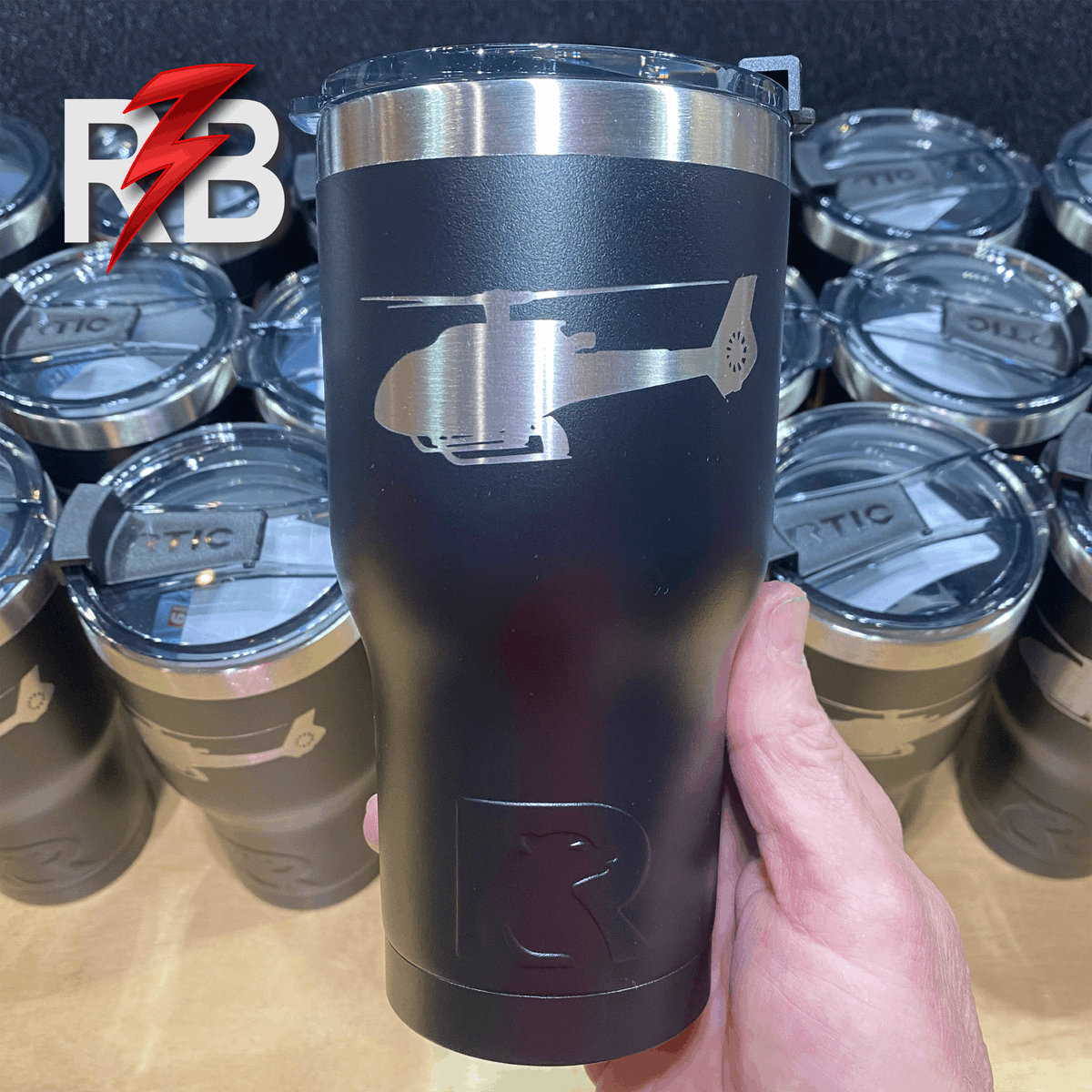 A newly branded set of custom helicopter logo RTIC 30 oz. tumblers. redboltlaser.com