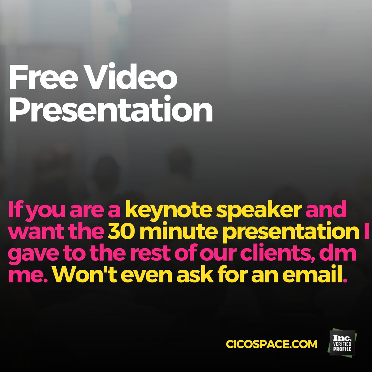 Keynote Speakers: This is your cheat code for social media pt:2

If you want the 30 minute presentation I gave that this visual is based off of, like/retweet and I'll dm you, no email needed.

#keynote #keynotespeaker #socialmedia #algo #twitter #socialmediamarketing #cicospace