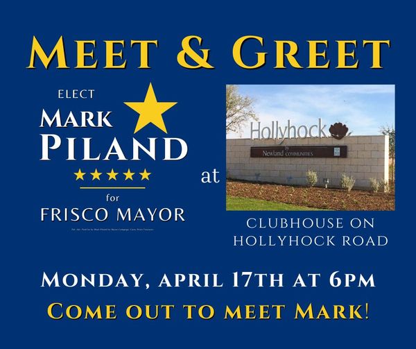 MarkForFrisco's tweet photo. Meet &amp; Greet with Mark Monday, April 17, 6-8pm. Everyone welcome! We'll have signs and stickers. Spread the word! 

Hollyhock Clubhouse - 16360 Hollyhock Road - Frisco

#markpilandforfriscomayor #markpilandforfrisco #friscotx #friscotexas #collincounty #dentoncounty #fisd https://t.co/RdxzoYLTY9