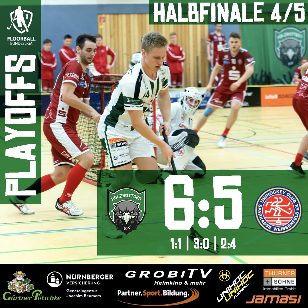 Die DJK erkämpft sich das Entscheidungsspiel gegen den UHC. Durch den 6:5-Sieg vor über 330 Zuschauern in der Stadtparkhalle Kaarst bekommen unsere Grün-Weißen morgen um 13:00 Uhr an gleicher Stelle die Chance, in die Finalserie einzuziehen.