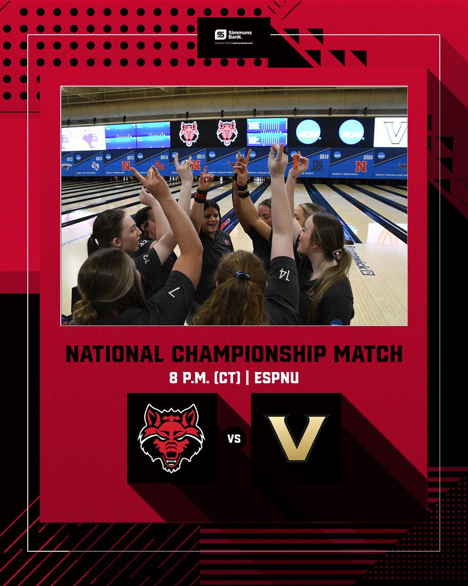 AStateBowling's tweet photo. Red Wolves meet Vanderbilt for the national title at 8 pm (CT) on ESPNU #WolvesUp https://t.co/i30dOTWP1C