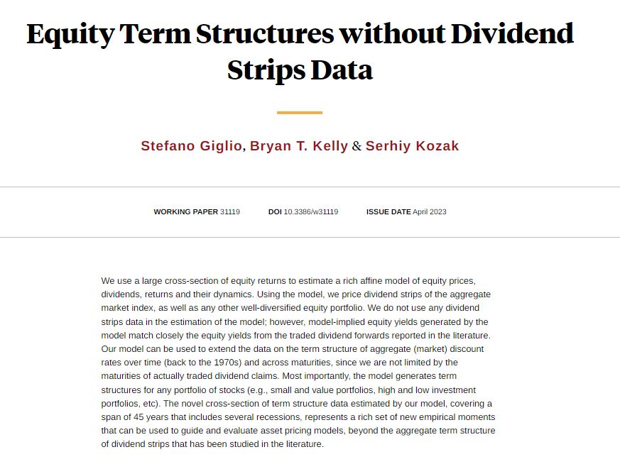 NBER (@nberpubs) on Twitter photo Estimates of equity term structures on a large set of portfolios from the cross section of stock returns. These synthetic term structures provide new moments for macro-finance models, from <a href="/StefanoGiglioEc/">Stefano Giglio</a> Bryan T. Kelly, and Serhiy Kozak nber.org/papers/w31119 Estimates of equity term structures on a large set of portfolios from the cross section of stock returns. These synthetic term structures provide new moments for macro-finance models, from <a href="/StefanoGiglioEc/">Stefano Giglio</a> Bryan T. Kelly, and Serhiy Kozak nber.org/papers/w31119
