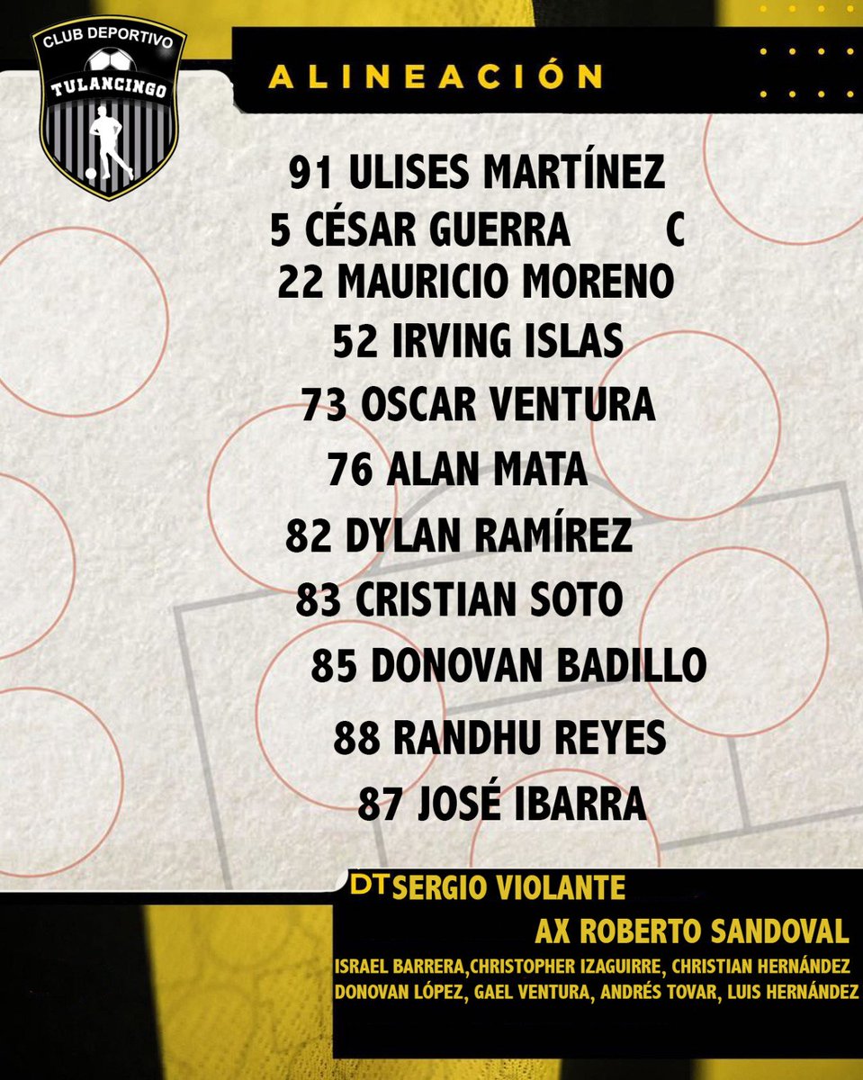 🏴🏳️
EL ONCE TITULAR DEL <a href="/cd_tulancingo/">CD Tulancingo</a> para enfrentar a <a href="/clubhidalguense/">Club Hidalguense</a> COMO VISITANTE  EN LA J30 DE LA <a href="/LigaTDP/">Liga TDP</a> 

#ereseljugador#12
#yoamocdtulancingo
#PasiónCDT 
#yocondeportivotulancingo
#TulancingoestierradeTitanes