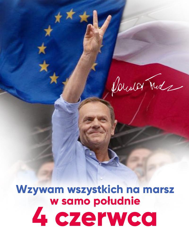 💬 @donaldtusk: Wzywam wszystkich na marsz w samo południe 4 czerwca.
 
W imię wolnej Polski i sprawiedliwości! 🇵🇱✌️

#Marsz4Czerwca