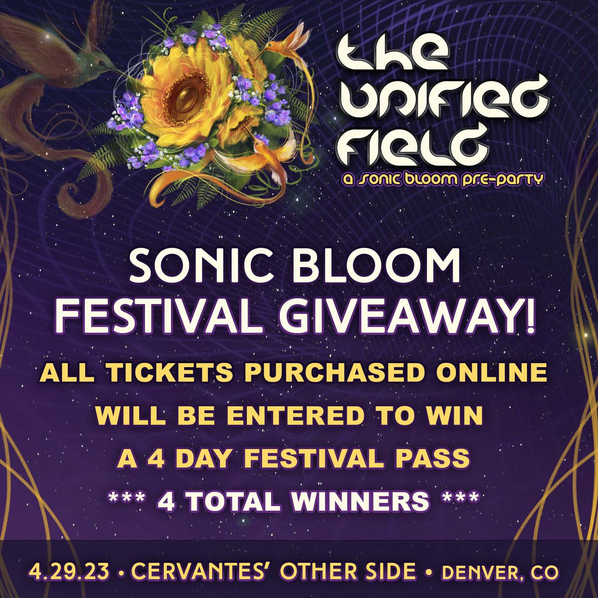 SONIC_BLOOM's tweet photo. Official pre-party coming-up quick!
The Unified Field at @CervantesDenver with @gspacebass & #PukaPatrol ft. members of @SunSquabi + #Earthcry ft. Anthony of @papadosio & many more!
#SONICBLOOM #TheUnifiedField https://t.co/VaPseGhmEo