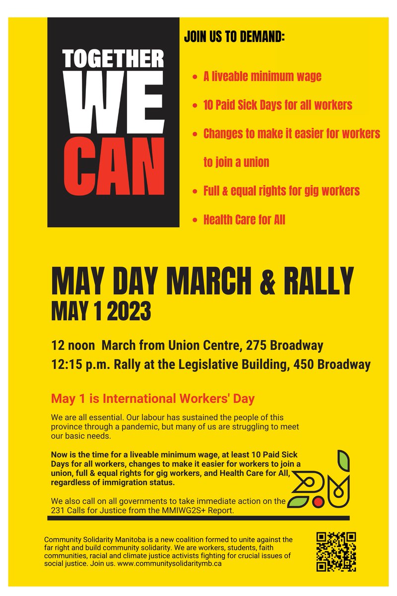 WINNIPEG: Join <a href="/CSP_MB/">Community Solidarity MB</a> on Monday, May 1, for the May Day March &amp; Rally! 

The march starts at noon at the Union Centre (275 Broadway) and the rally at 12:15 pm at the Legislature.

Put it in your calendar and come out if you can!