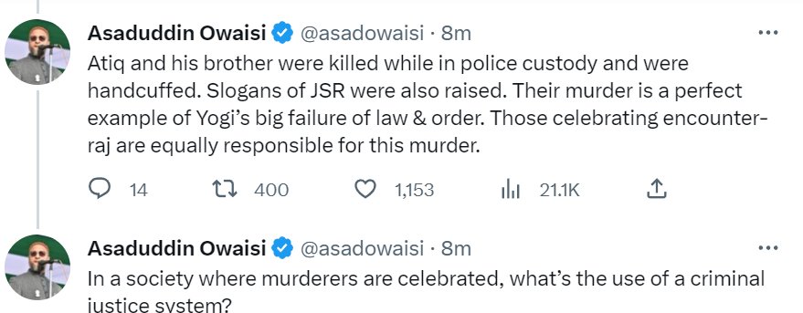 Mrsinha's tweet photo. #AtiqueAhmed &amp; his family kiIIed dozens of innocents including a sitting MLA. The list of their crimes is bigger than your beard.

So who celebrates &amp; cries for murder€rs is crystal clear.. It's more like a self sly @asadowaisi https://t.co/aPCBN6zXuV