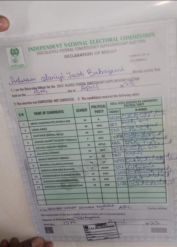 ProfOlaiyaA's tweet photo. Congratulations to MHR Hon. Tolulope Akande Sadipe on your victory at the just concluded election of Oluyole Federal Constituency for your 2nd legislative term. 

I also extend my greeting to all APC Stakeholders and members far and near for making sure the mandate wasn't stolen. https://t.co/BMfif321Ez