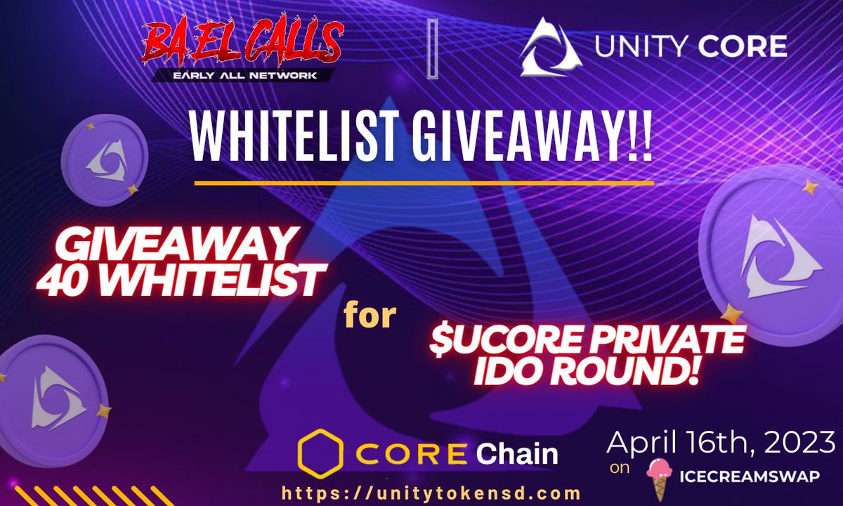 Autosultan_team's tweet photo. #BAEL X @UnityCorePro
Giveaway #Whitelist #fcfs 🔥

🏆 40 WL for Private Round IDO Spots
👉 IDO on @icecream_swap 🍦
 April, 16th 2023 | 15:00 UTC

✅ Follow @UnityCorePro
✅ Join TG https://t.co/zwHrW4p1Jf

➡️ Like, RT &amp; Drop youre CORE Adress on Comment 

⏰ End 13:00 UTC ‼️ https://t.co/tGlPmN6XrC